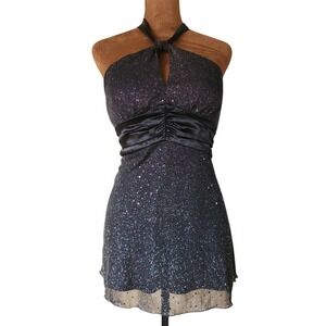 Y2K Going Out Top Size L Halter Babydoll Sequin Glitter Purple Silver Black
